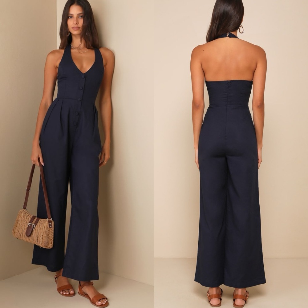 Lulus | Sweetly Sophisticated Navy Blue Wide-Leg Halter Jumpsuit